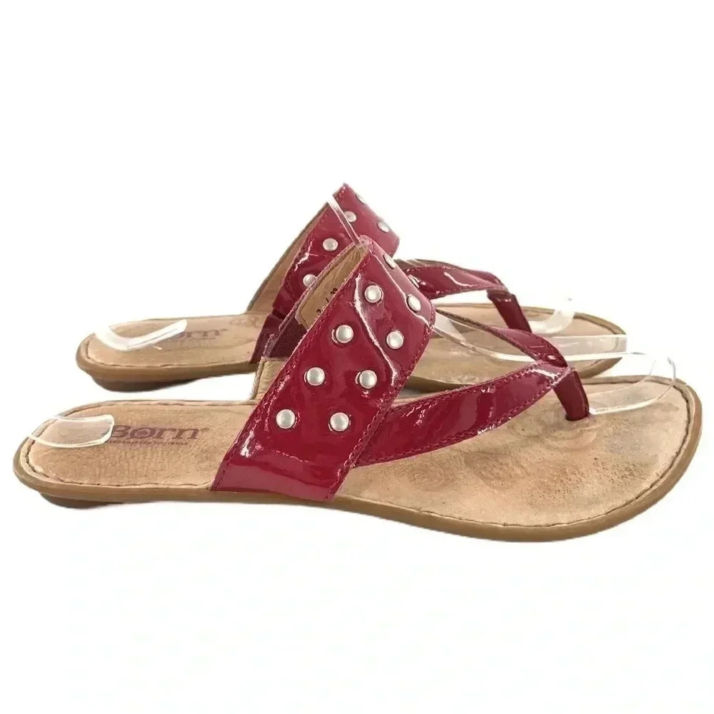 Born sandals size 7 38 M/W fuchsia patent leather studded thong flip flops